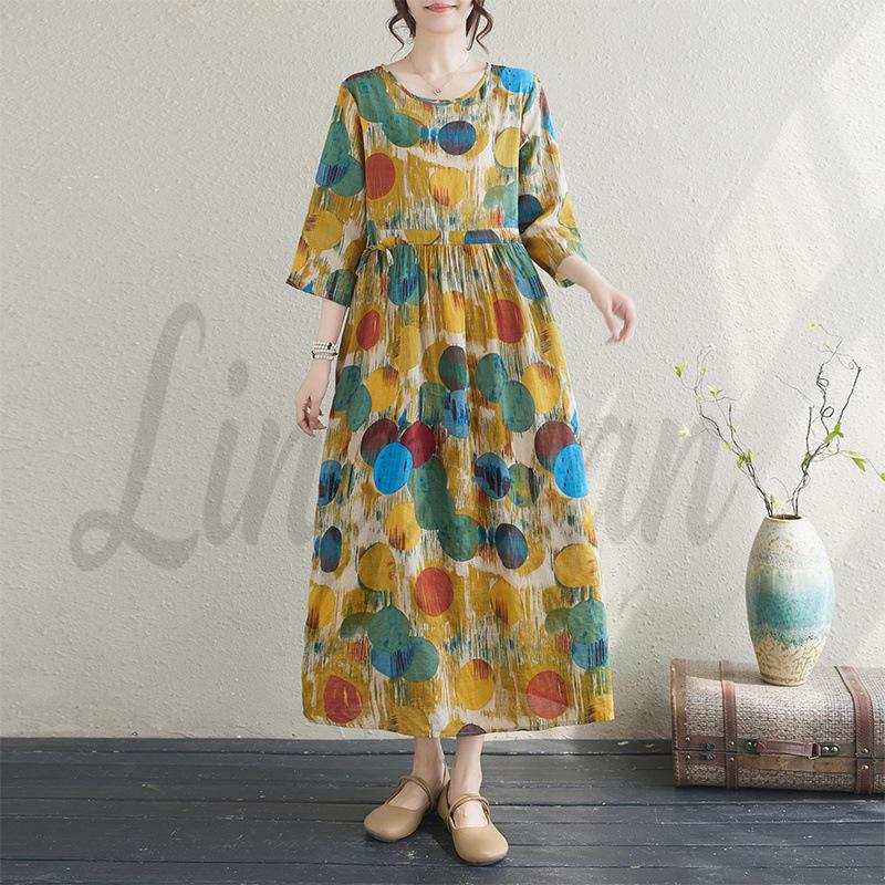 Retro Artistic Print Cotton Linen Maxi Dress for Women L жёлтый