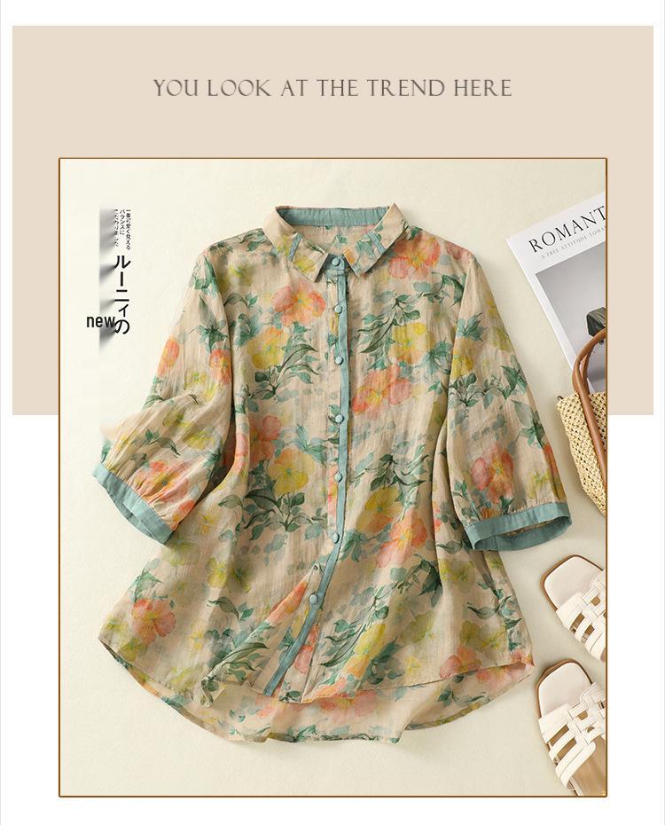 Chemise Casual Lâche Artistique Rétro à Manches Cinq-Quarts pour Femme 2025