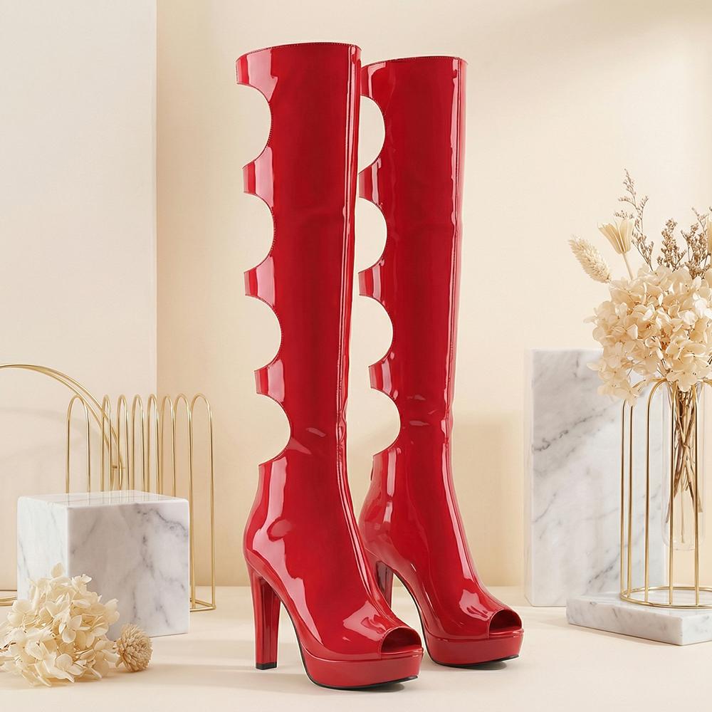 

2026 Red Glossy Thigh High Summer Boots for Women Platform Spike Heels Plus Size 43 45 Party Nightclub Shoes 34 красный