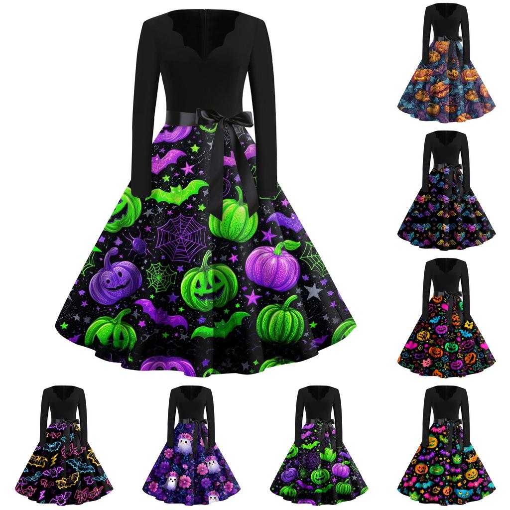 Women's Casual Fashion Halloween Printed V-Neck Vintage Dress