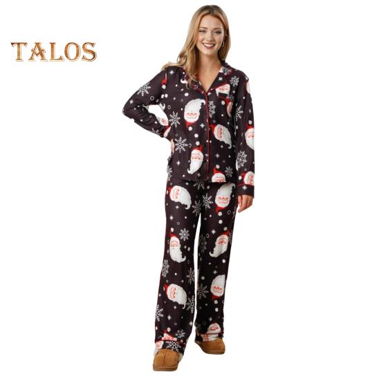 2 buc/set Set pijamale de Crăciun pentru femeie Moș Crăciun imprimeu rever cu mâneci lungi cămașă cu un singur piept, talie elastică, picior lat, îmbrăcăminte pentru casă, cămașă de noapte