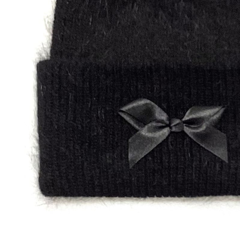 AUSSERIRDISCHE Angora-Mütze mit großem Band [Schwarz]