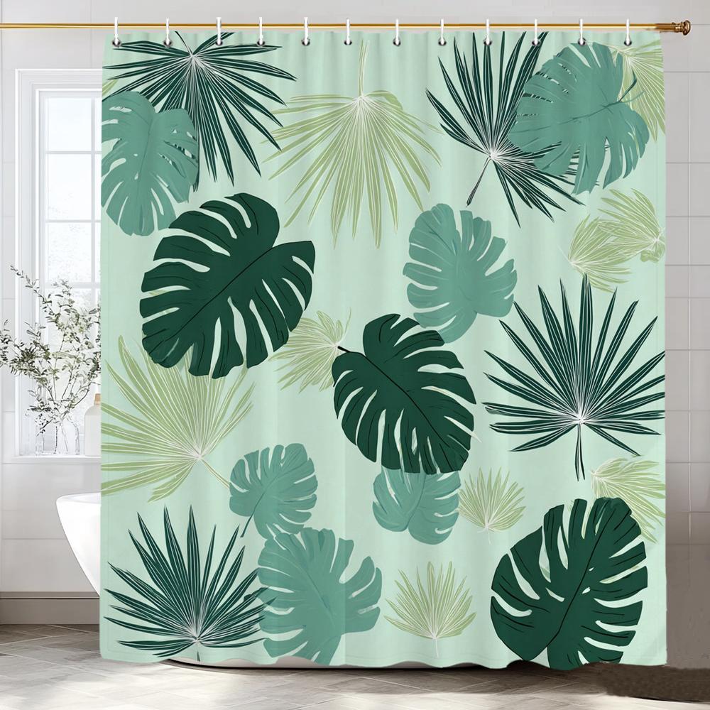 Green Plants And Leaves Tropical Leaf Shower Curtain, Bathroom Decorative Shower Curtain, Print Fabric Home Curtain With Hooks