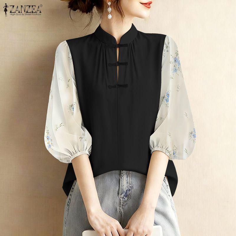 ZANZEA Damen Casual Stehkragen Spleiß 3/4 Ärmel Lockere Bluse