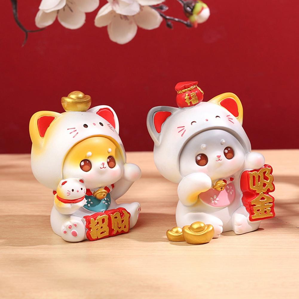 Cartoon Cat Sculpture Chinese Lucky Wealth Waving Cat Hand Painted Decorative Resin Desktop Statue Gift Office Supplies