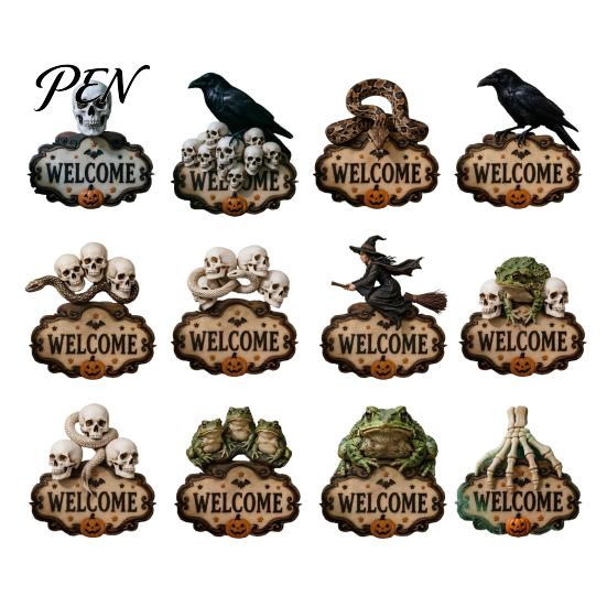 Outdoor Party Decorations Halloween Wooden Welcome Sign, Spooky Skull Frog Crow Witch Door Hanger, Hanging Plaque 2D Wall Sign for Home Decor Creative