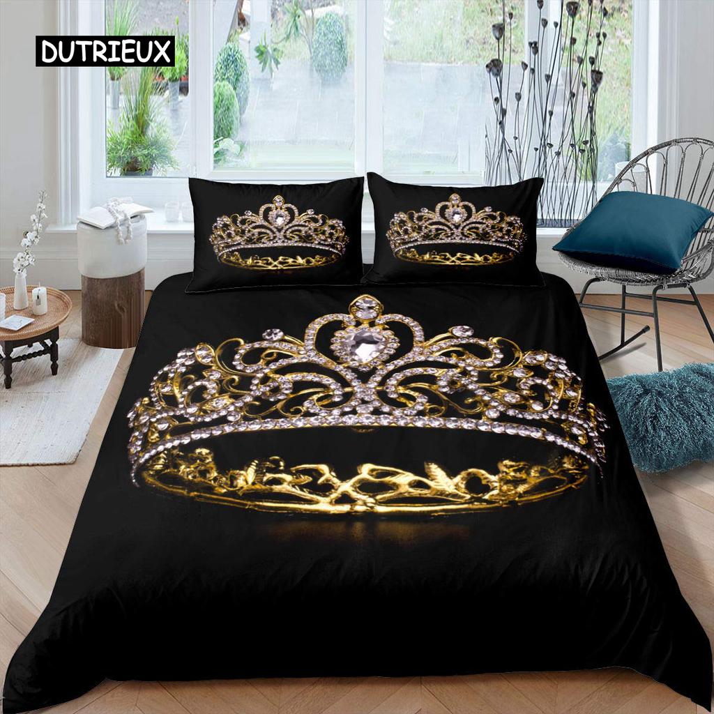 Queen Duvet Cover Set Hand Drawn Crown with Queen Lettering Baroque Style Elements Twin Bedding Set Black and White Quilt Cover