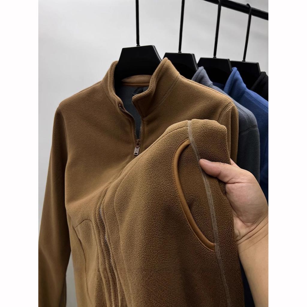 Autumn Polar Fleece Cardigan Sweatshirts Men's Stand Up Collar Zipper Jackets Y2K Vintage Solid Color Coats Basic Tracksuit