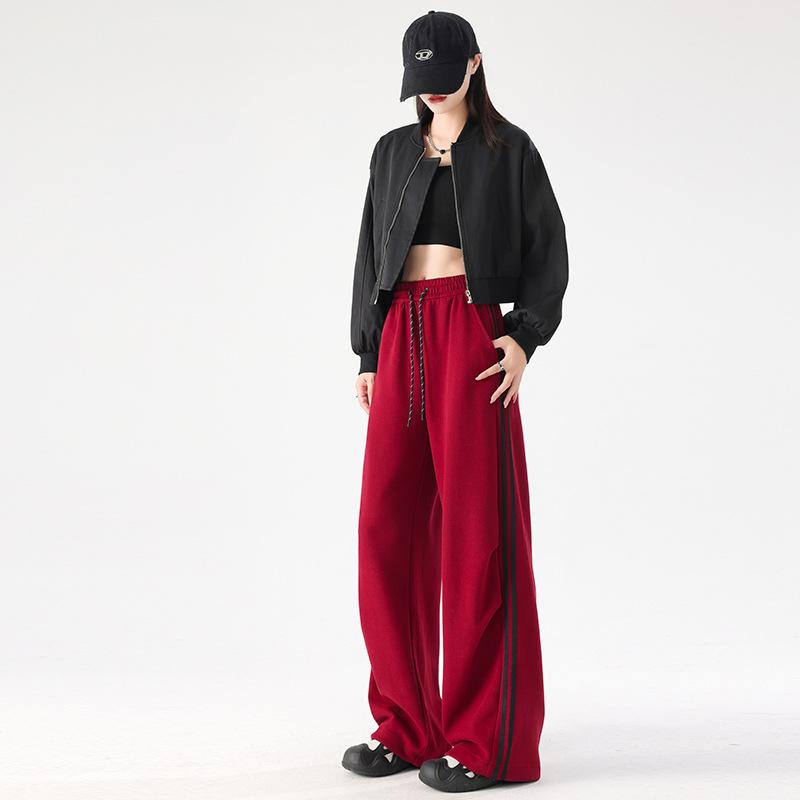 Pantaloni sport casual paraleli pentru femei Primăvara și toamna Noi Talie înaltă Largi Drepți Picior lat Șnur de strângere Mâneci ajustate Pantaloni de trening