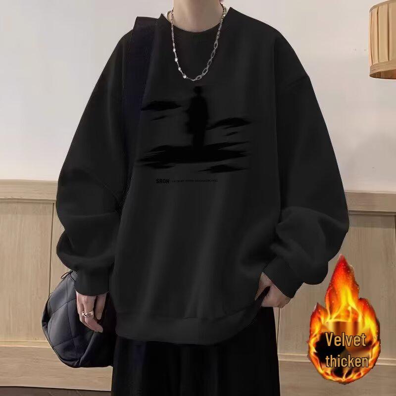 Men's American Retro Fleece-Lined Round Neck Sweatshirt, Heavyweight Cotton Casual Loose Top for Autumn/Winter.