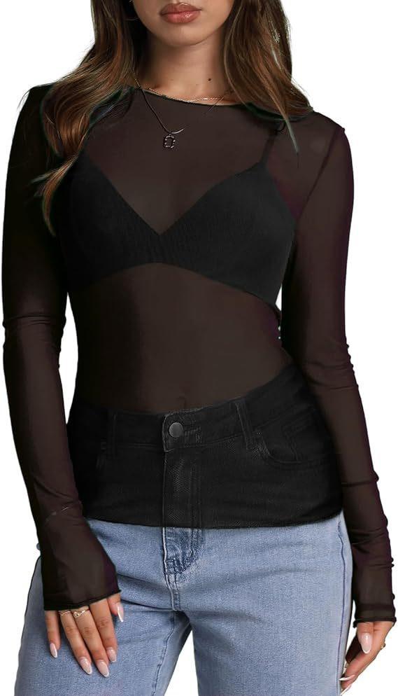 Women s mesh top mesh sheer lace semi-turtleneck ruffled see-through shirt S