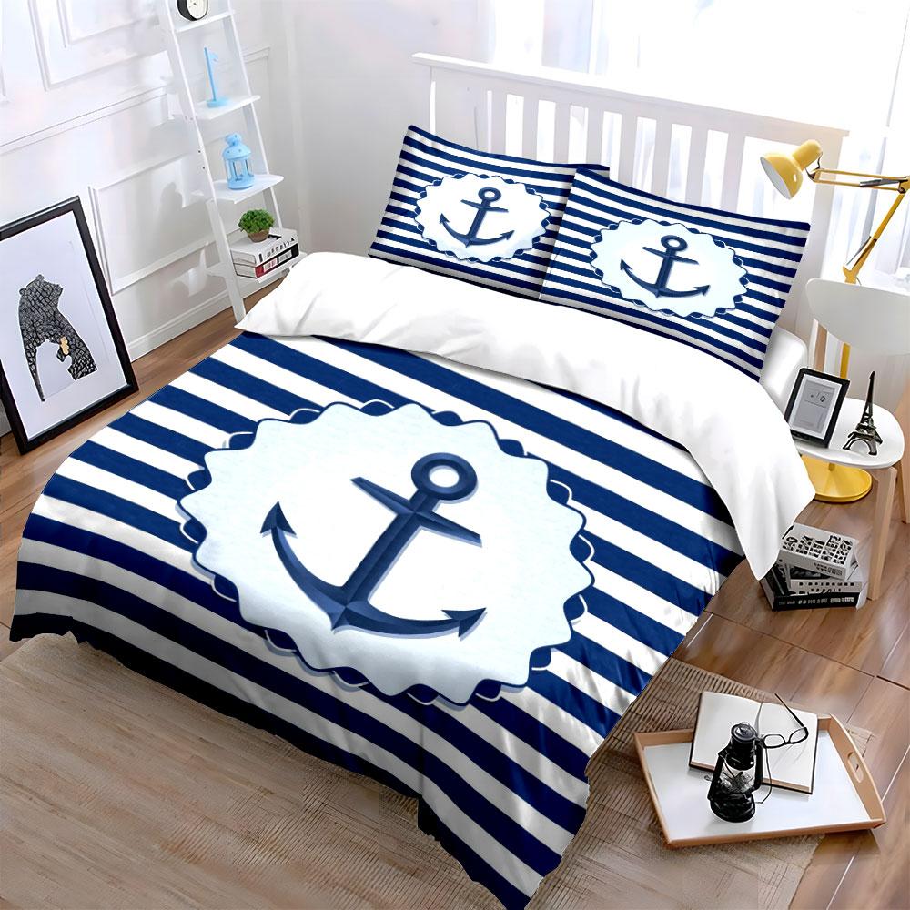 Blue anchors, striped background. Bedding sets Duvet cover sets Duvet covers Pillowcases(1*Duvet Cover 2*Pillowcases without duvet insert)