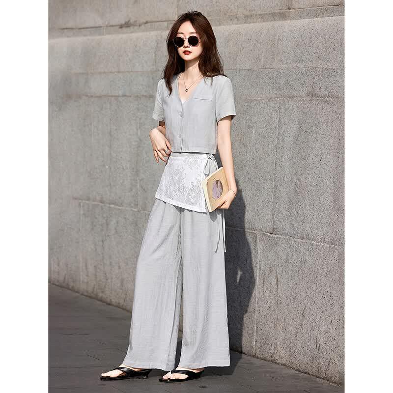 Women's Casual Two-Piece Jacket & Wide-Leg Pants Set