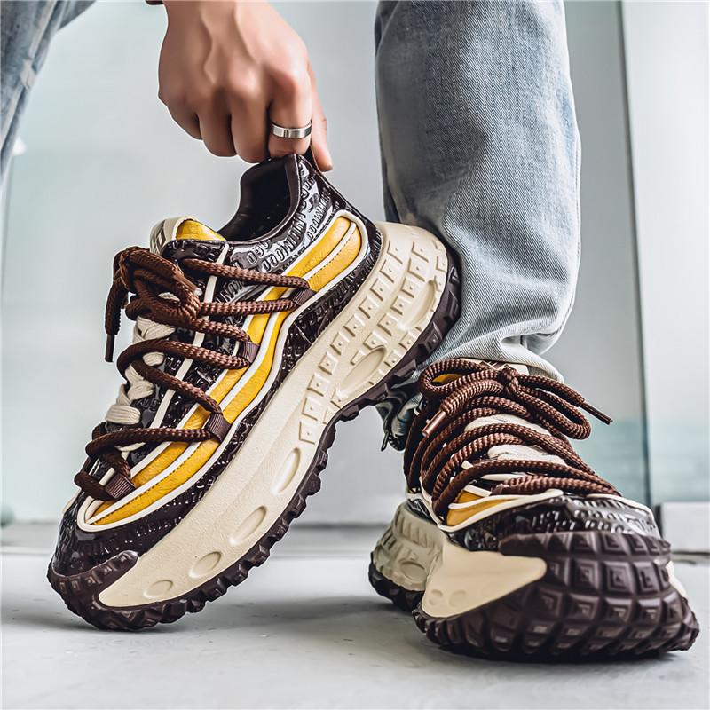 Spring and Autumn Leather Surface Heightening Sports Casual Shoes New Men's Adolescent Personality Thick-soled Lace-up Dad Trendy Shoes Men