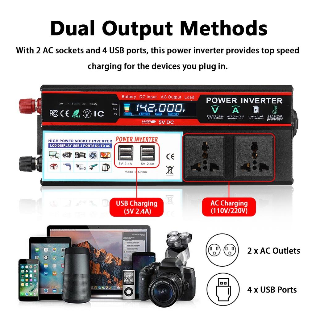 Invertoare Auto cu Energie Solară 4USB 6000W Afișaj LCD DC12/24V la AC 110V/220V Transformator de Tensiune Undă Sinusoidală Modificată Adaptor Auto