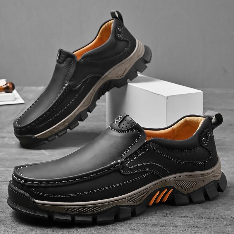 Men's Waterproof Slip On Faux Leather Hiking Shoes for Male Outdoor Non-Slip Walking Sneakers Casual Loafers Work Shoes Comfortable Short Boots