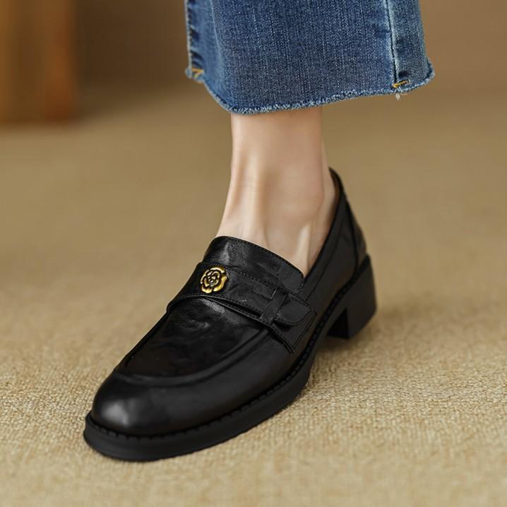 Cowhide version~ Camellia platform loafers women's black round head single shoes soft sole one pedal British style small leather shoes
