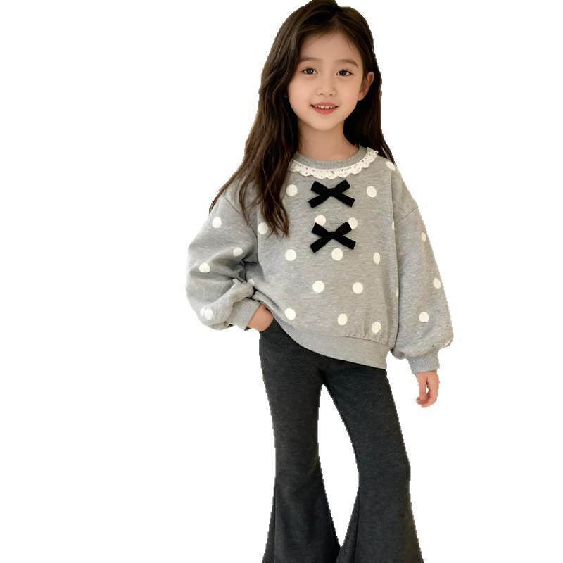 Korean Girls' Autumn Lace Bowknot Hoodie and Flare Pants Set, 2025 New Style