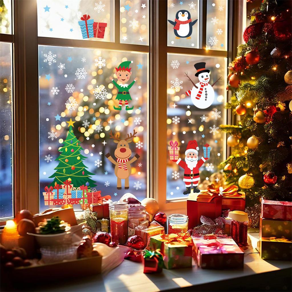 Festive Christmas Tree Window Clings 8 Sheets Adorable Santa Claus Snowflake Pattern Window Stickers for Office Store Home