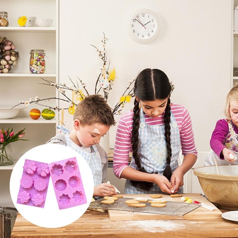 6 Cavity Silicone Flower Baking Molds Heat Resistant Nonstick Easy Releases For Cakes Cupcakes Dessert Soap Making