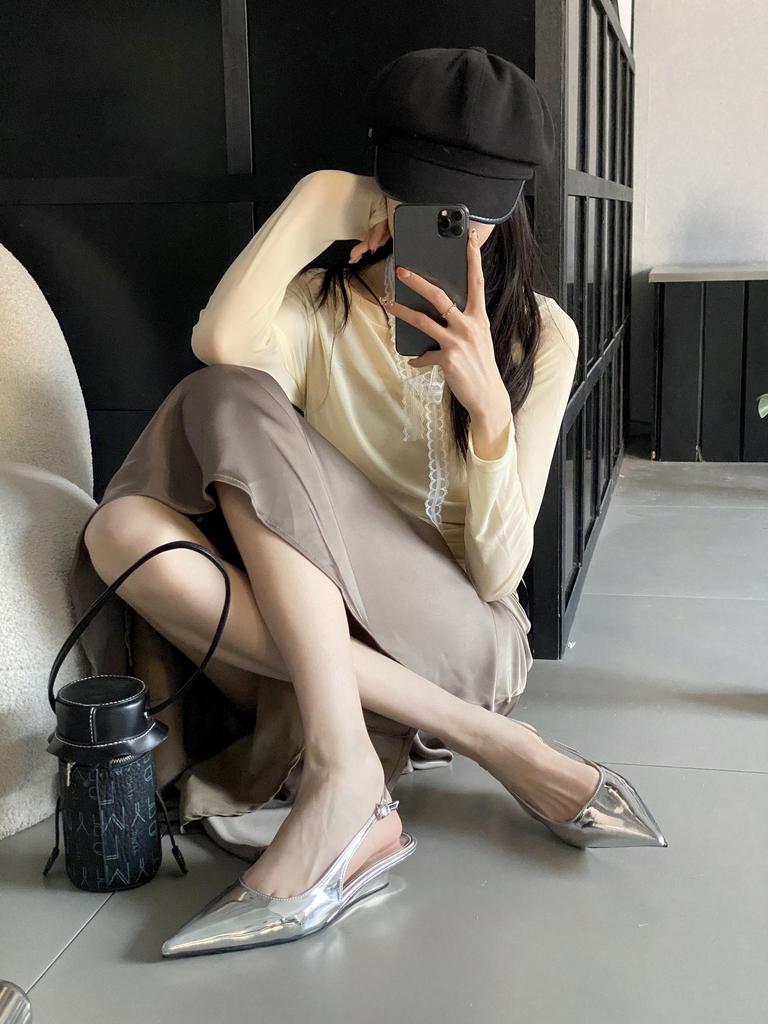 2025 spring new pointed wedge heel short heel European and American fashion bag head women's shoes