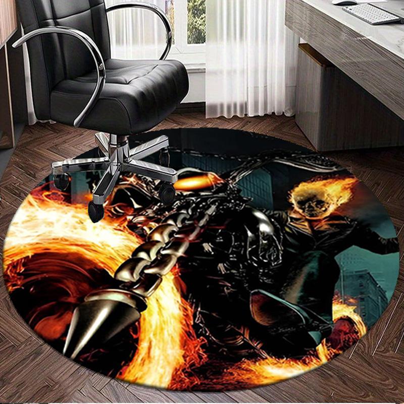 1PC Rider On Fire Round Rug, Non-slip Chair Mat, Home Decor, Circle Carpet Perfect for Office, Bedroom, Living Room,Christmas gift
