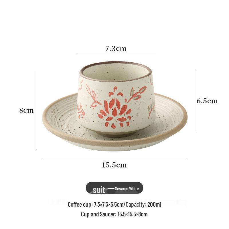 Retro Hand-Painted Ceramic Coffee Cup & Saucer Set with Latte Art Design