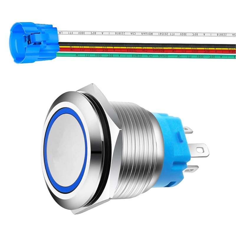 22mm Momentary Push Button with Wire Socket 3A-12-24V(AC/DC) 1NO 1NC SPDT On Off Metal Waterproof IP65 Self Reset (Red&Green LED)