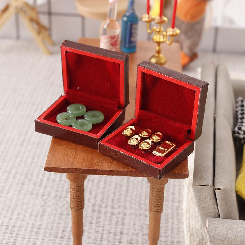 1 Set Vintage Jewelry Case 1:12 Dollhouse Miniature Accessories Mini Wooden Jewelry Box Model Toys For Doll House Decoration