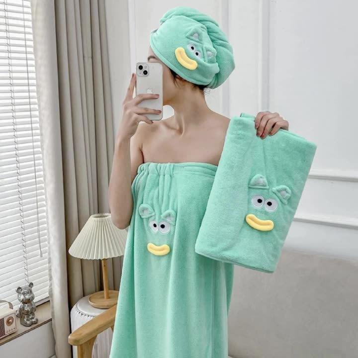 Cute Coral Fleece Towel Women's Four Seasons New Bath Skirt Can Be Worn Wrapped Bathrobe Absorbent Soft Shower Cap Household