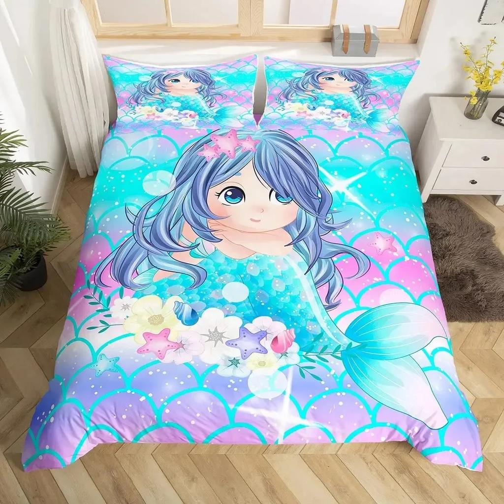 Mermaid Tail Fish Scales Girly Shell Starfish Comfortable Duvet Quilt Cover Pillowcase Bedding Set Children Bedroom Home Textile