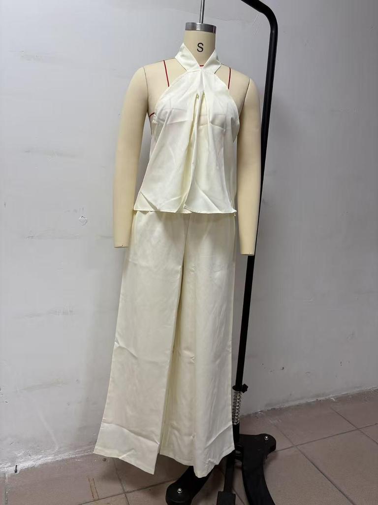 2026 Summer European & American Casual Sleeveless Top and High-Waisted Wide-Leg Pants Set for Women