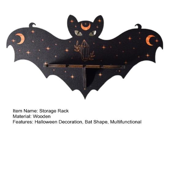 Halloween Bat Wall Floating Shelf Faux Crystal Display Shelf Wooden Candle Holder Wall Shelf Decoration Living Room Bedroom Bathroom Storage Rack