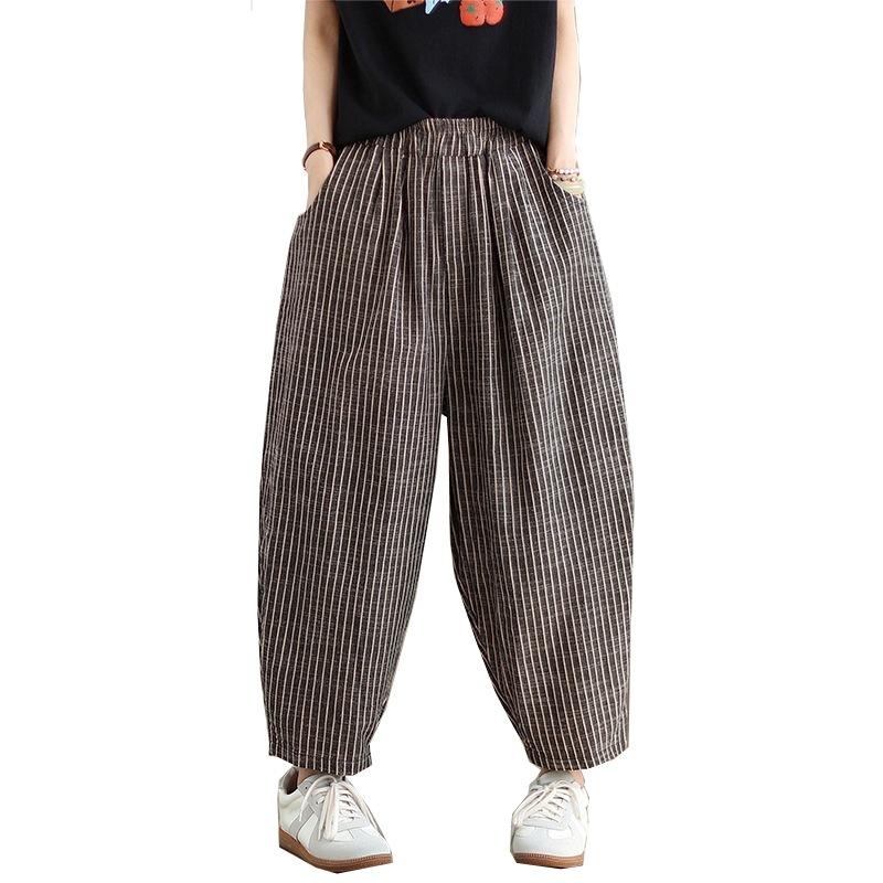 Yarn-dyed cotton and linen striped Harlan pants women's 2025 summer new elastic waist thin loose nine-point casual pants