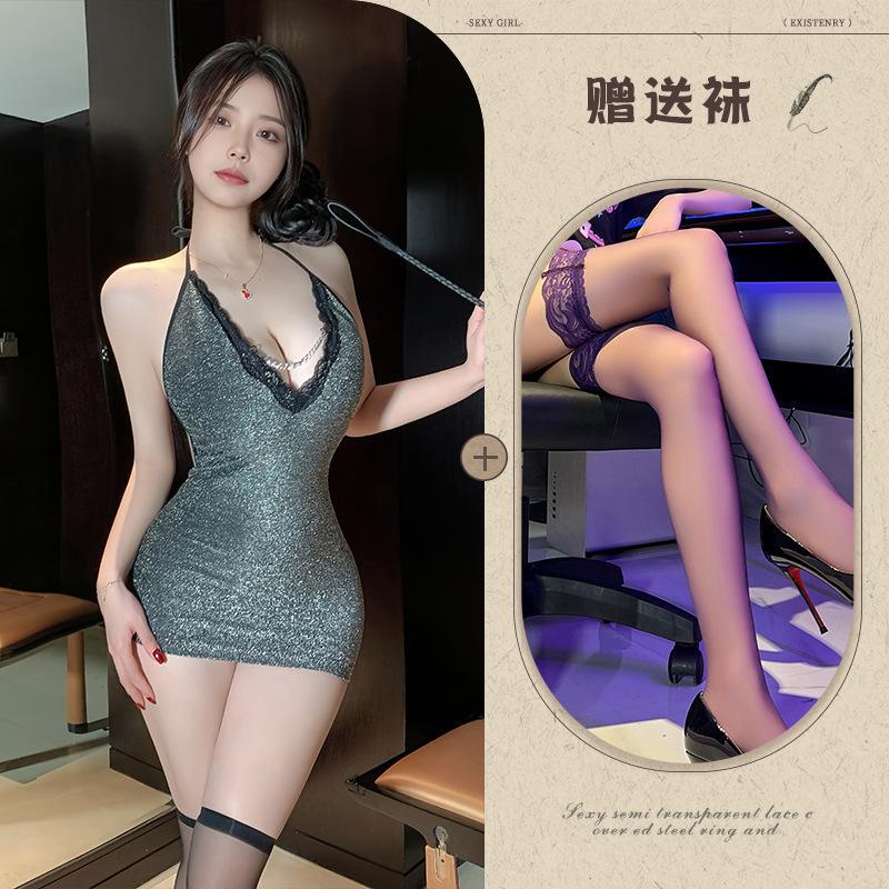 Sexy lingerie sexy small breasts deep V show big chain pajamas uniform free bed seduction robe woman