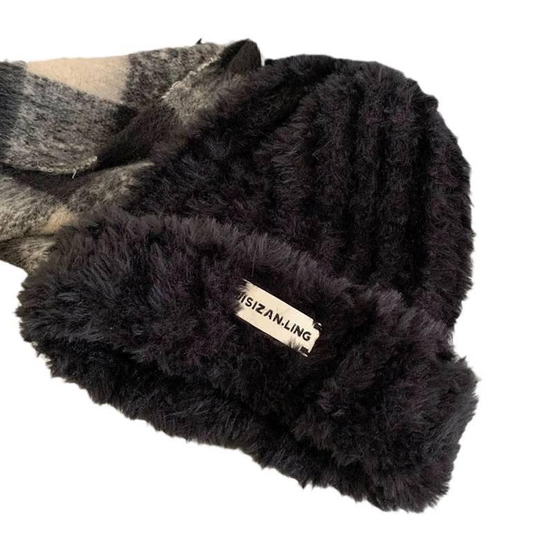 Plush Hat Women's Winter Big Head and Tail Autumn and Winter Bear Ears Warm Plush Thickened Ear Protectors Wool Knitted Hat