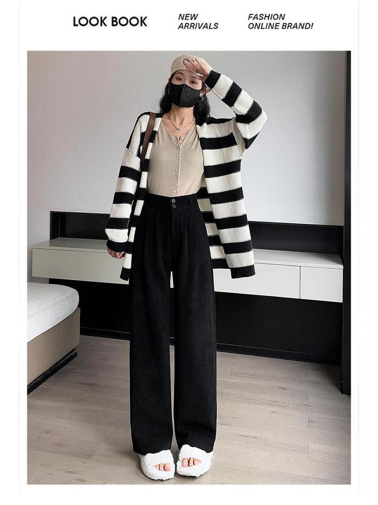 Women's Black High-Waist Cotton Plush Pants - Autumn/Winter 2026 Korean Style, Slim Straight Wide-Leg, Drapey.