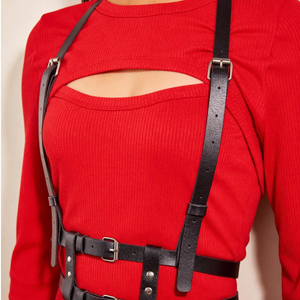 Women's Fashion Body Harness Belt - Black PU Leather Adjustable Straps for Dress & Clubbing Events