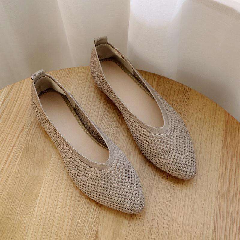 Flat-soled Single Shoes Women's 2025 Spring and Summer Pointed-tip Knitted Hollowed-out Breathable Doudou Shoes Soft-soled One-pedal Flying-woven Ma