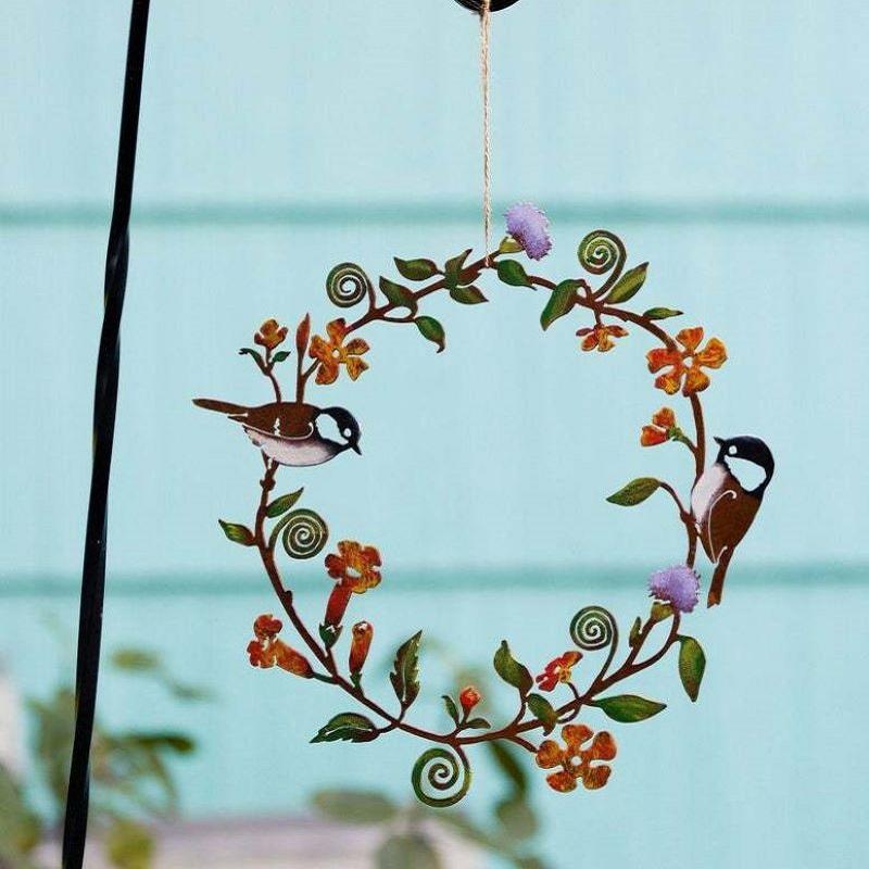 Wreath Flower with Birds Door Decorations Round Metal Bird Silhouette Wall Decor