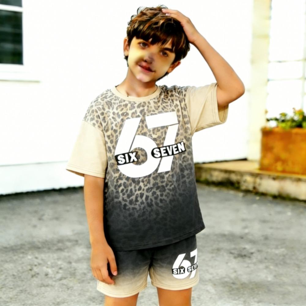 Gradient Leopard 67 Printed Men's T-shirt and Shorts 2 Piece Set Summer Casual Outfit for Men's and Women's Clothing Top
