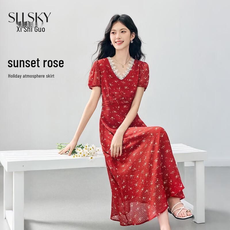SLLSKY Women s French Retro Red Floral Lace V-Neck Summer Midi Dress 2XL