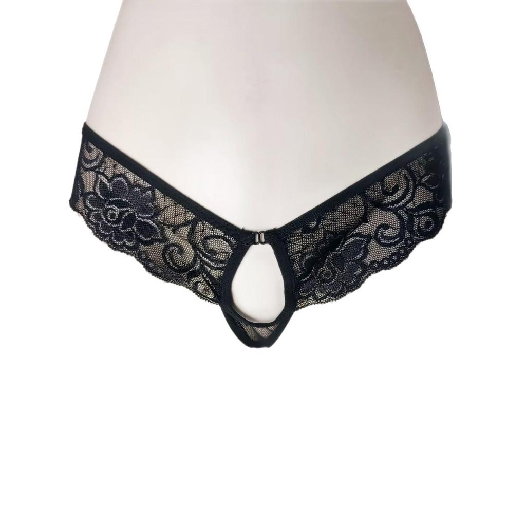 Men's Lace See-Through Thong with Open Crotch and Straight Insert for Temptation.