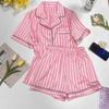 Ensemble Pyjama Femme Grande Taille Manches Courtes Vêtements d'Intérieur Étudiant Deux Pièces Revers Cardigan Sens Senior Rayé Manches Courtes Short