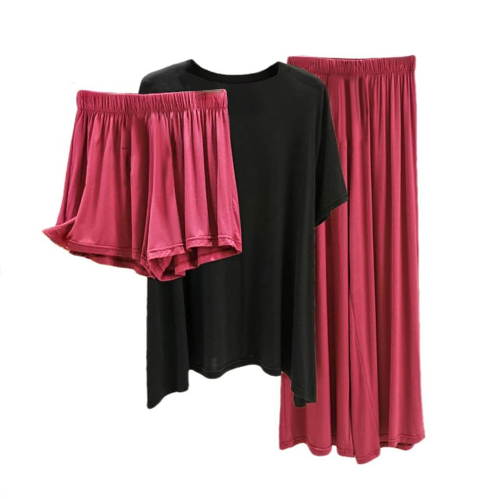 Damen Locker Lässig Rundhals Kurzarm T-Shirt Lange Hose Und Shorts Dreiteiliges Set Einfarbig Pyjama