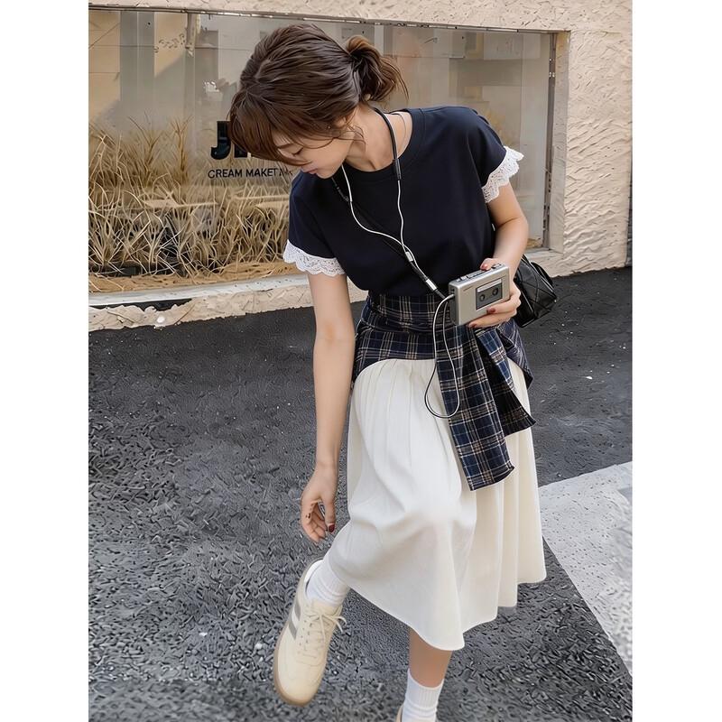 Women s Soft Cloud Cotton Plaid Lace A-Line Midi Dress S