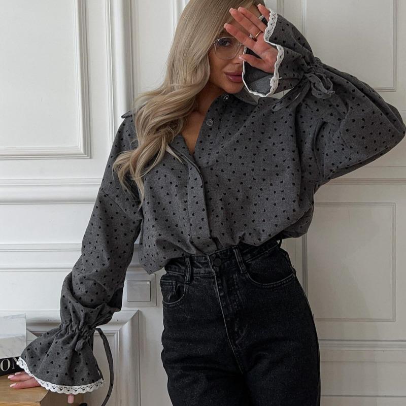 Women Sweet Loose Polka Dot Lace Cuff Turn Down Collar Long Sleeve Blouse