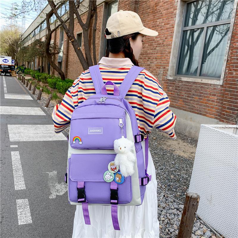 Korean Version Women's Canvas Backpack Large Capacity 4 PCS Set Middle School Rucksack Simple Wear-resistant Schoolbags with Pen Bag