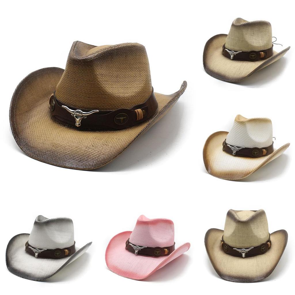 Ethnic Style Cowboy Hat With Breathable Paper Straw For Summer Outdoor Sun Protection