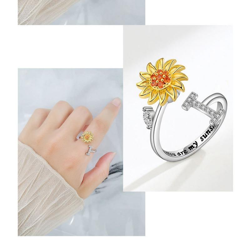 Creative Sunflower Rotating Ring 26 Letters Adjustable Open Design Women's Fashion Finger Jewelry Daily Wear & Gift Accessories
